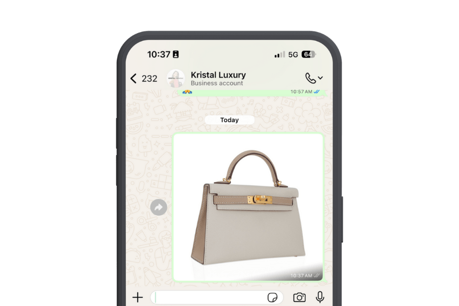 Kristal Luxury, sell handbag process step one, contact via WhatsApp and send photo.