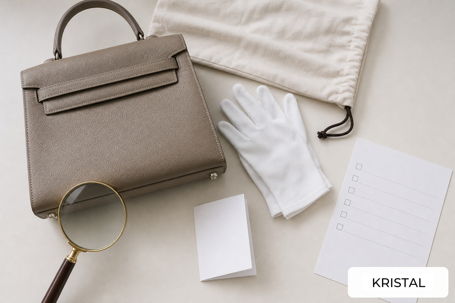 Luxury handbag valuation checklist with Kristal logo corner lockup