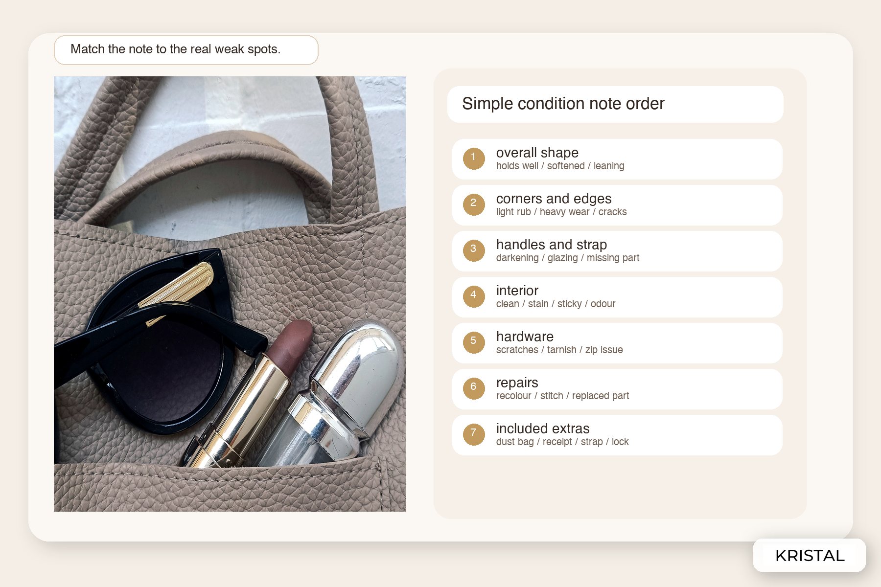 Example structure for luxury bag condition notes before a quote in Malaysia