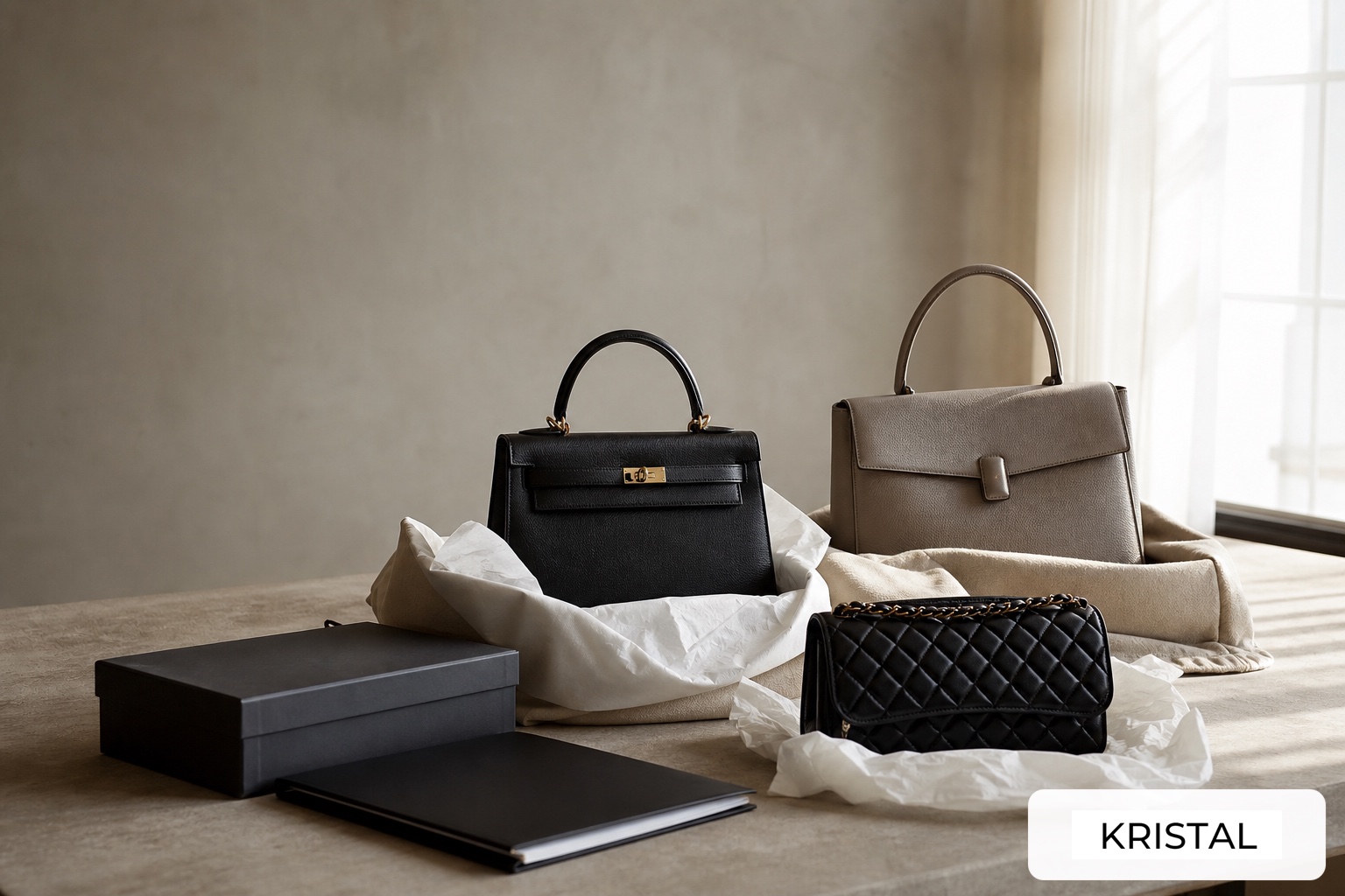 Three photorealistic luxury handbags with tissue, dust bags, inventory folder and box for a Malaysia collection-selling guide