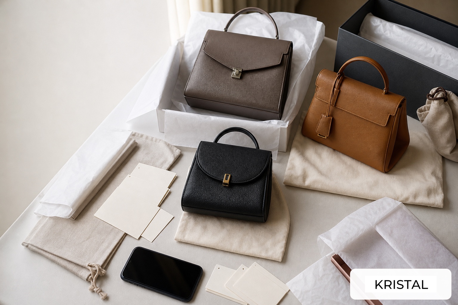 Organized luxury handbag collection with dust bags, blank inventory cards and phone prepared for a seller review