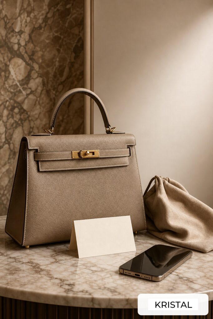 Photorealistic luxury handbag with a plain offer card, dust bag, and phone for a Malaysia first-offer decision guide