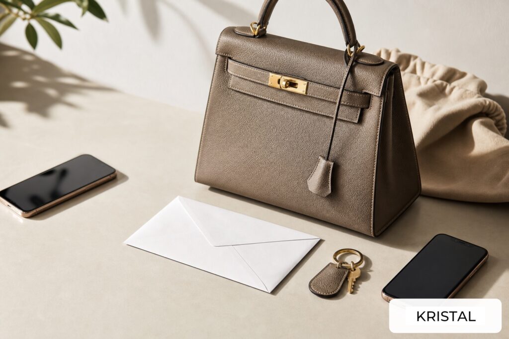 Photorealistic luxury handbag with two phones, blank envelope, keyring and dust bag for selling on someone else's behalf