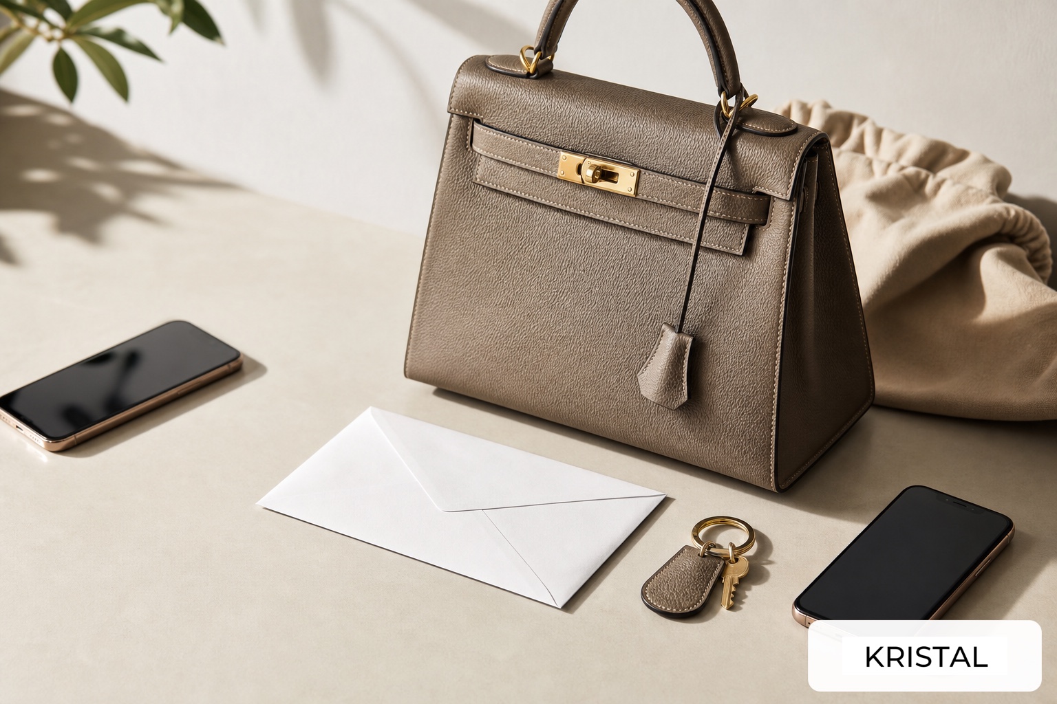 Photorealistic luxury handbag with two phones, blank envelope, keyring and dust bag for selling on someone else's behalf