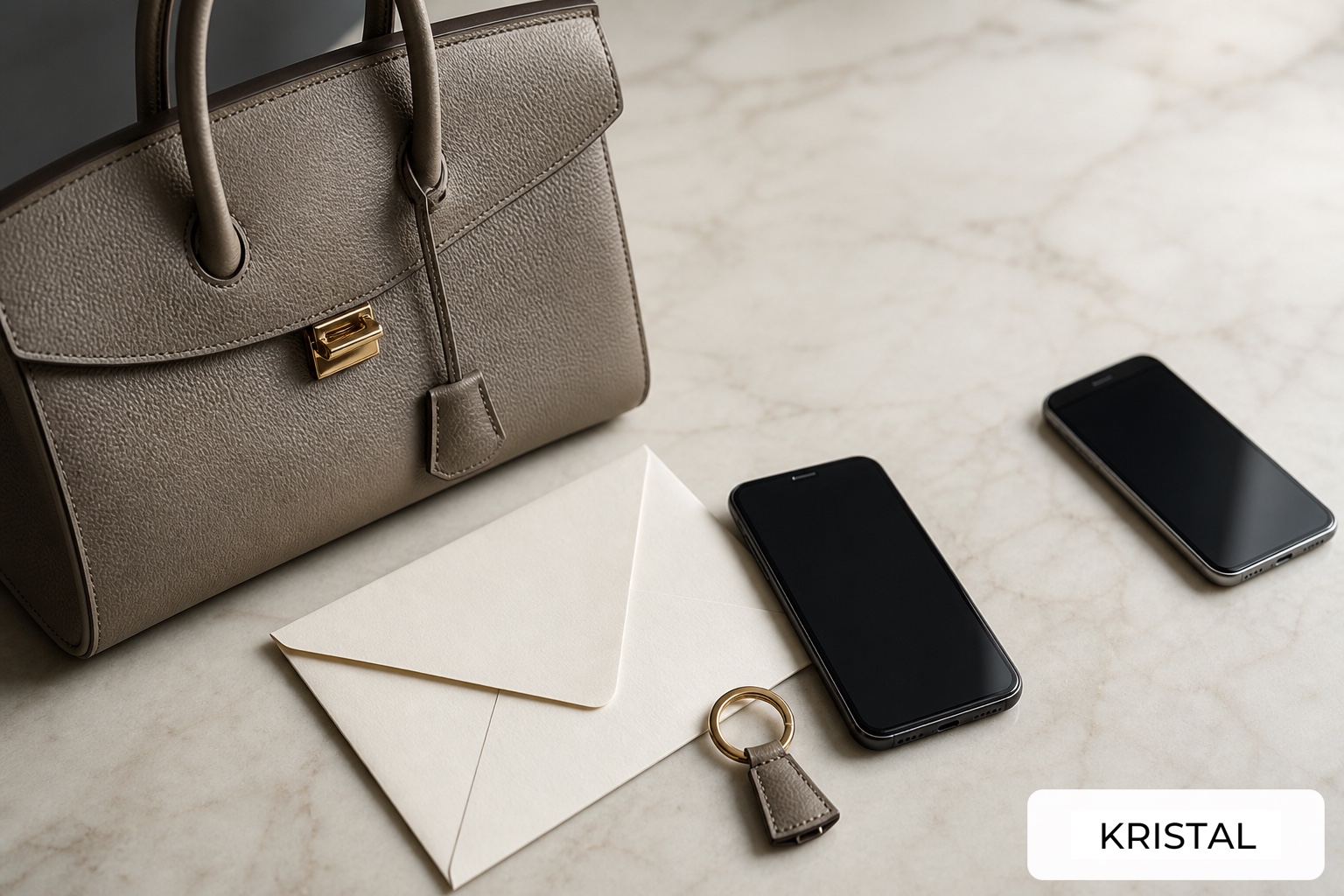 Luxury handbag with blank authorization envelope, two phones and keyring arranged for clear ownership communication