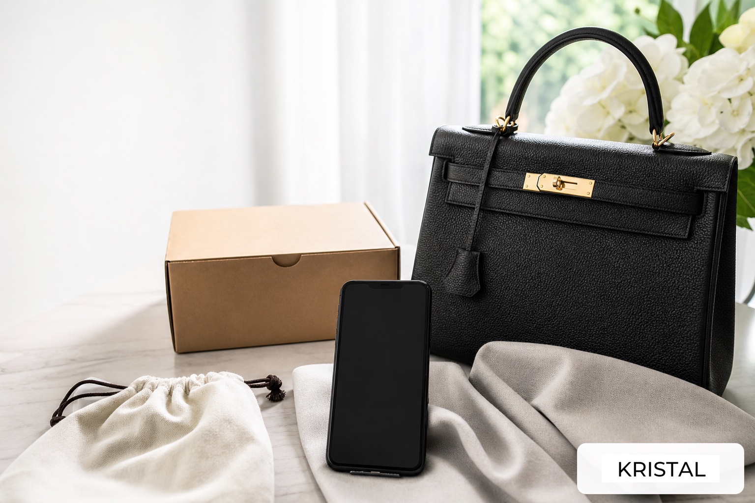 Photorealistic luxury handbag, blank phone, dust bag and plain parcel arranged for online selling in Malaysia