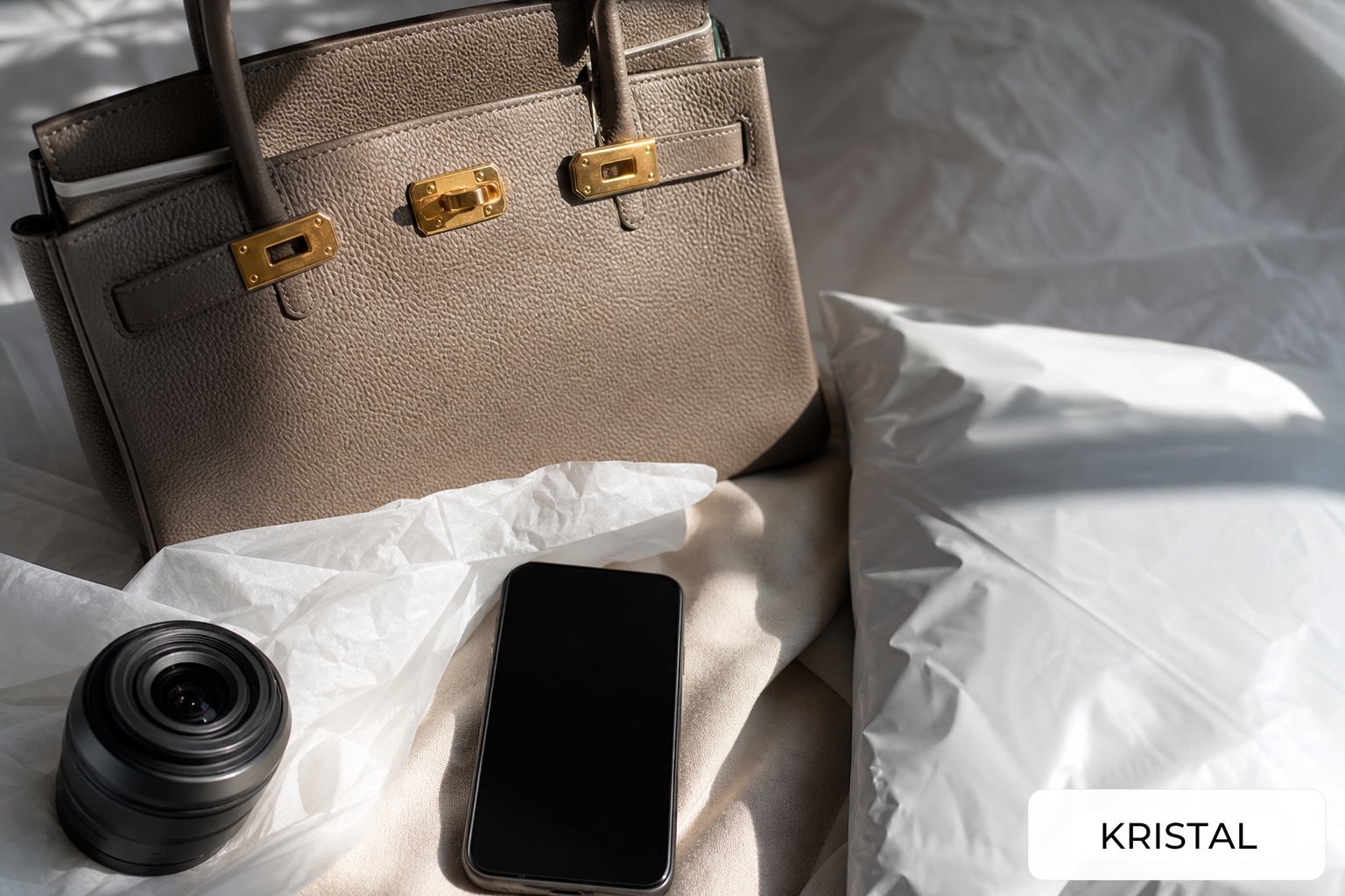 Luxury handbag, blank phone, camera lens, tissue paper and protective parcel prepared for an online resale enquiry