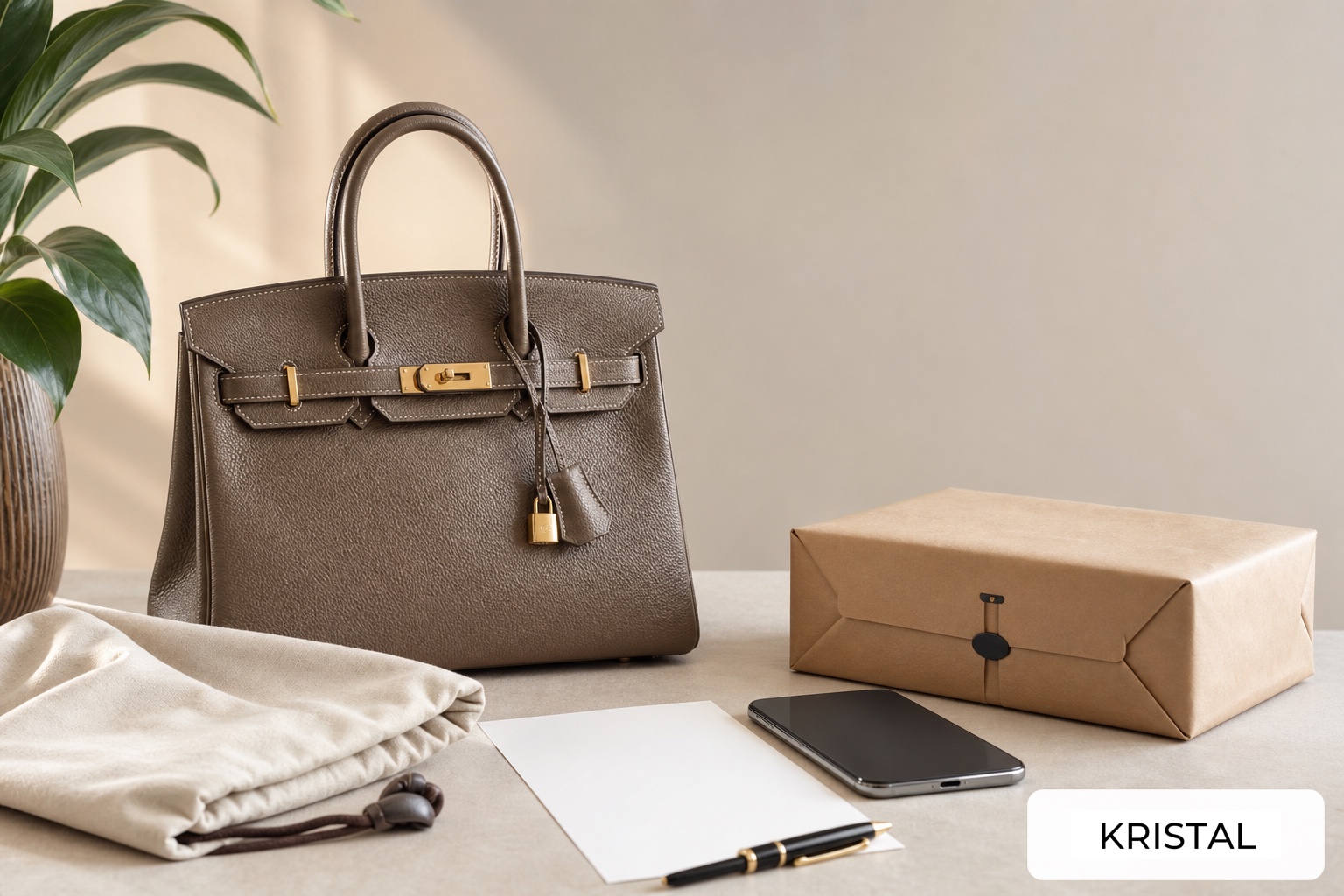 Photorealistic luxury handbag, dust bag, phone, blank document and sealed parcel arranged for a safe Malaysia selling guide