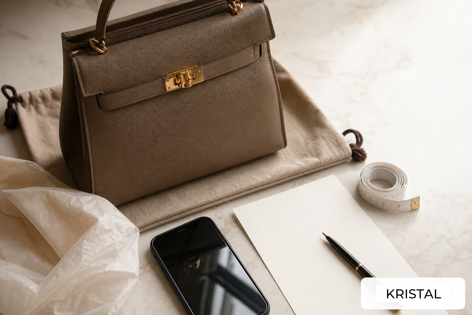 Photorealistic luxury handbag, phone, blank condition sheet and measuring tape arranged for a careful remote review