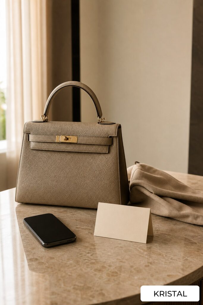 Photorealistic luxury handbag with a blank payment card, dust bag, and phone for a same-day payout guide in Malaysia