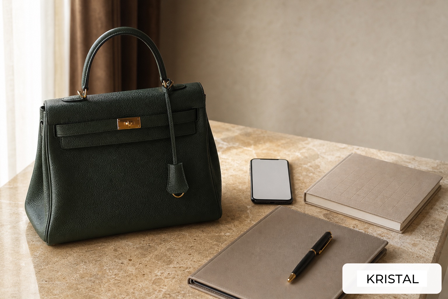 Photorealistic luxury handbag, phone, calendar, and document folder arranged for a Malaysia sell-now-or-wait guide