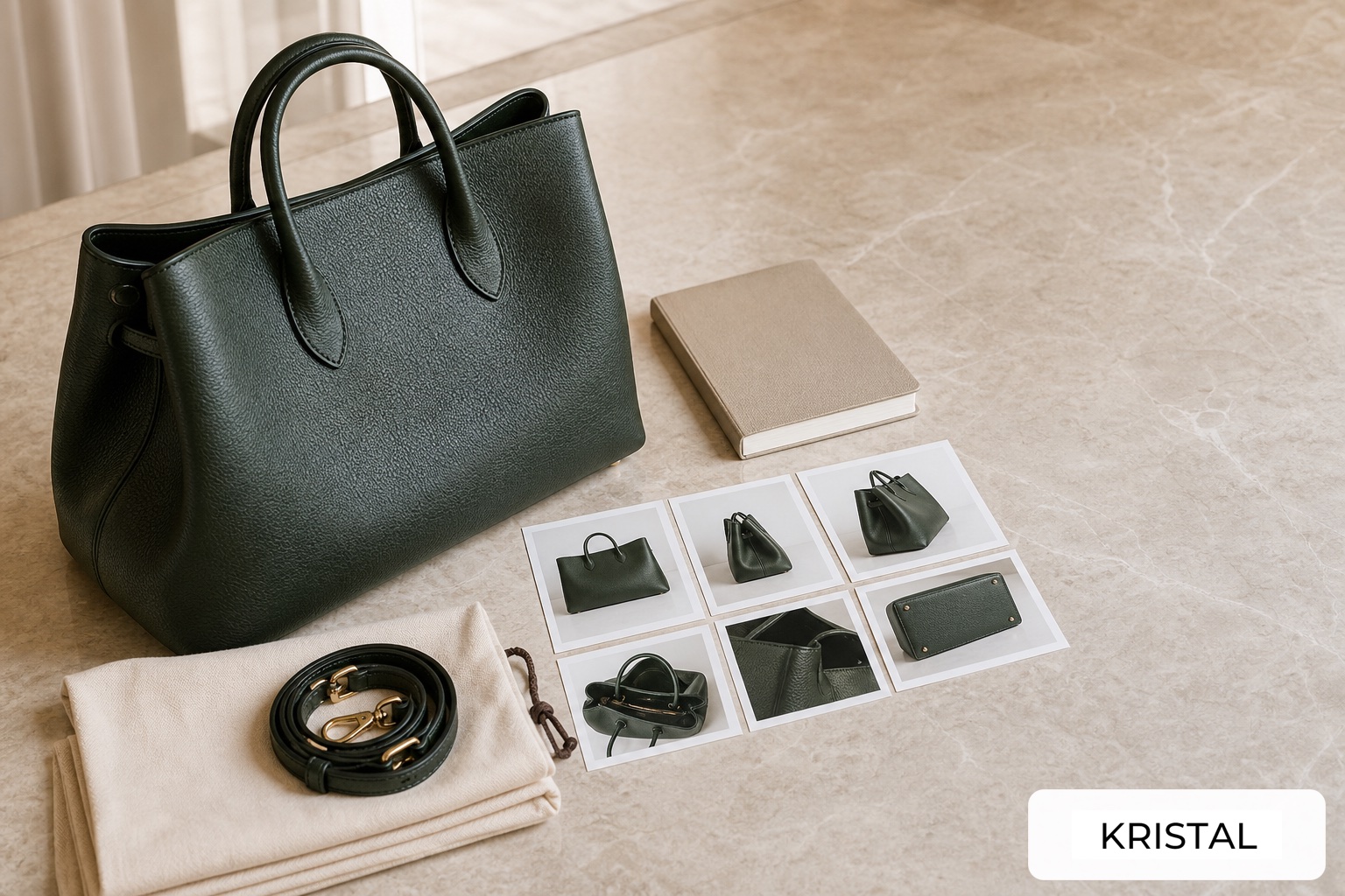 Photorealistic luxury handbag, current condition photos, strap, and dust bag arranged for seller preparation