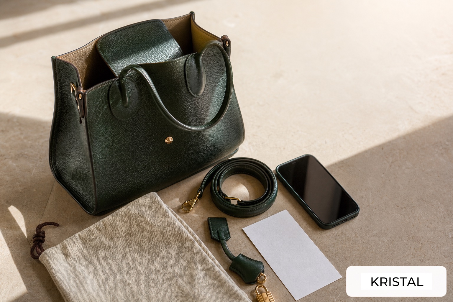 Photorealistic luxury handbag with strap, dust bag, and blank document prepared before a Malaysia resale review