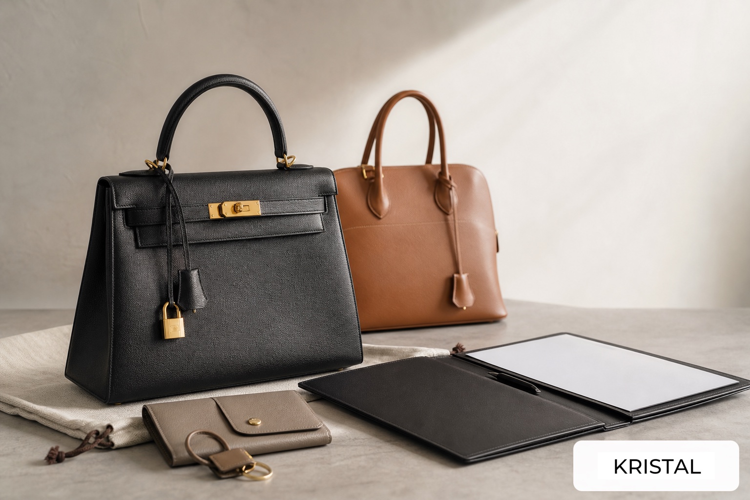 Two photorealistic luxury handbags with blank comparison folder and accessory arranged for a Malaysia trade-in decision