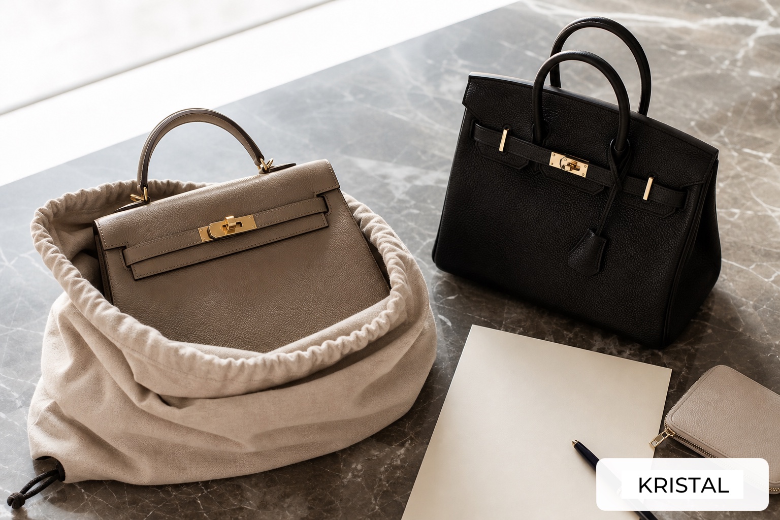Two luxury handbags, dust bag and blank comparison sheet arranged for a direct sale versus trade-in decision