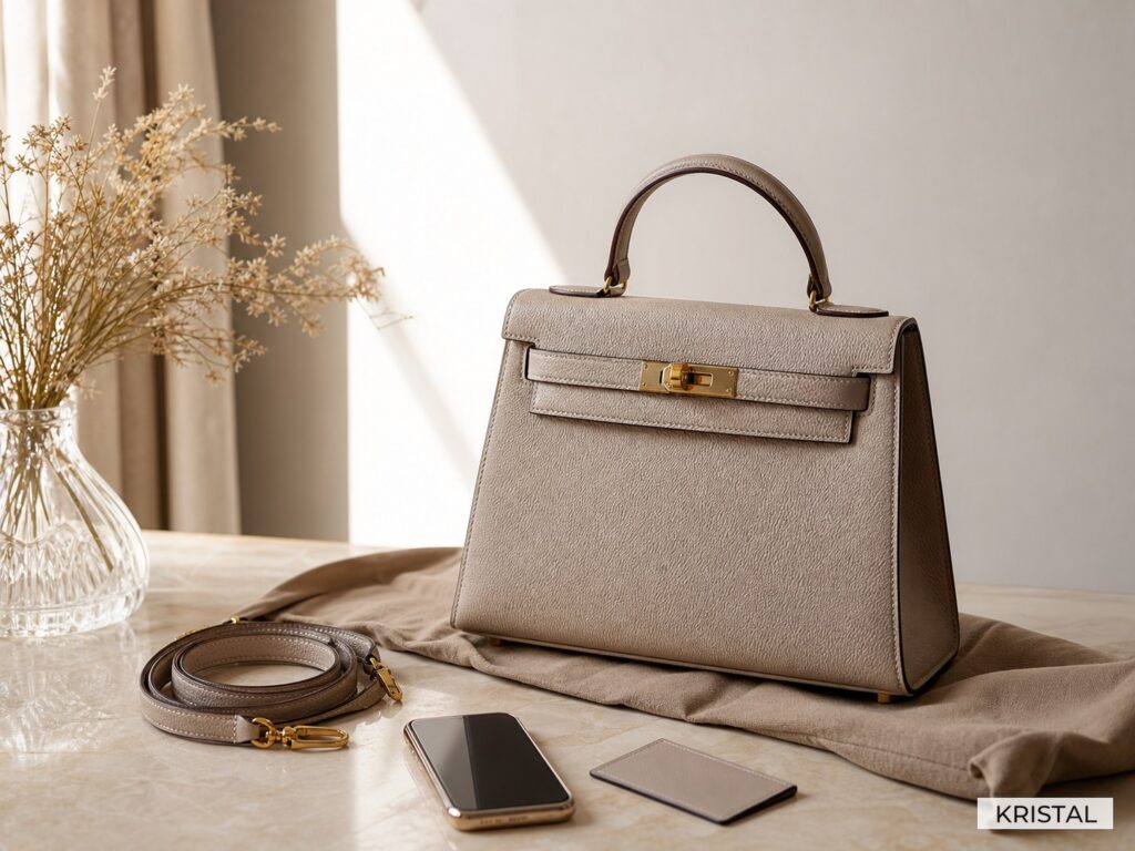 Photorealistic luxury handbag with dust bag, strap, phone, and accessory card for a Malaysia guide about why some bags sell faster