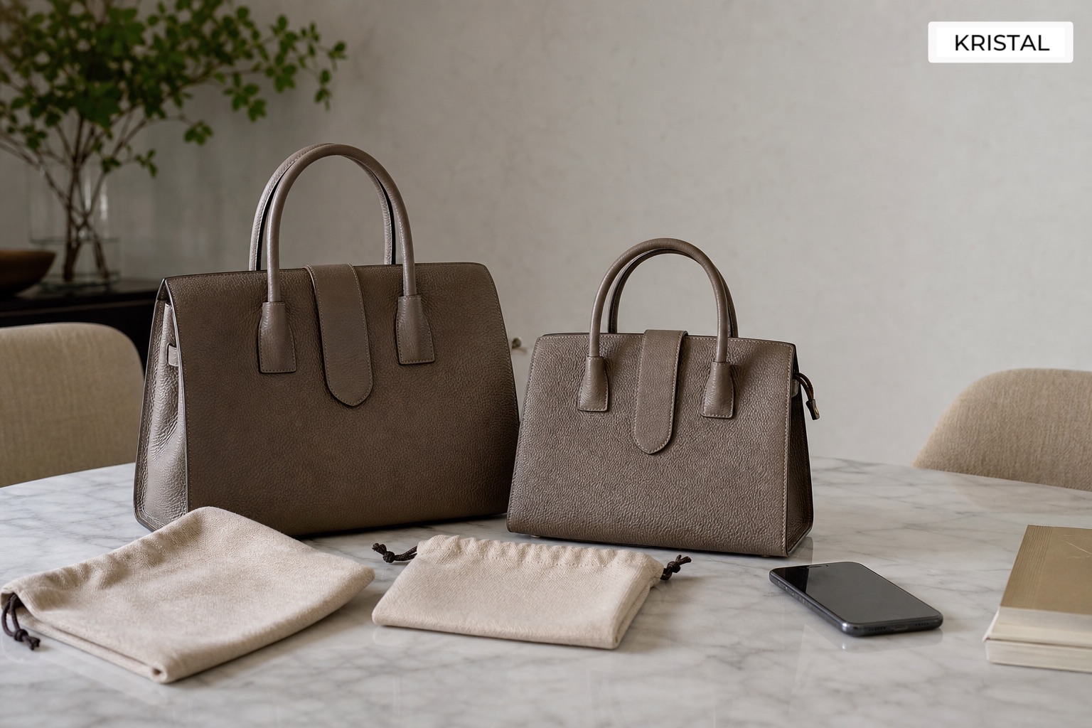 Two photorealistic unbranded luxury handbags with different proportions and condition for an appraisal comparison