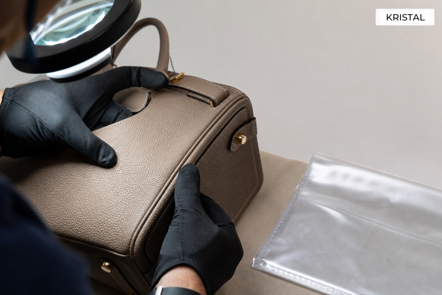Photorealistic close-up of a gloved inspection of luxury handbag leather, stitching and hardware