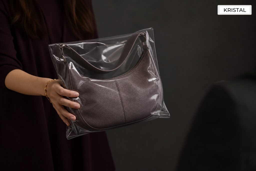 Soft rounded shoulder bag held inside a clear protective sleeve during a discreet buyback intake