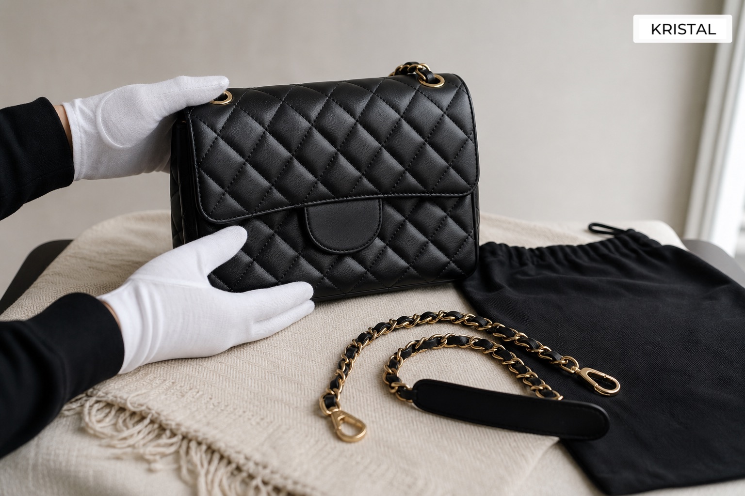 Photorealistic black quilted luxury handbag with a dust bag and chain arranged for condition review