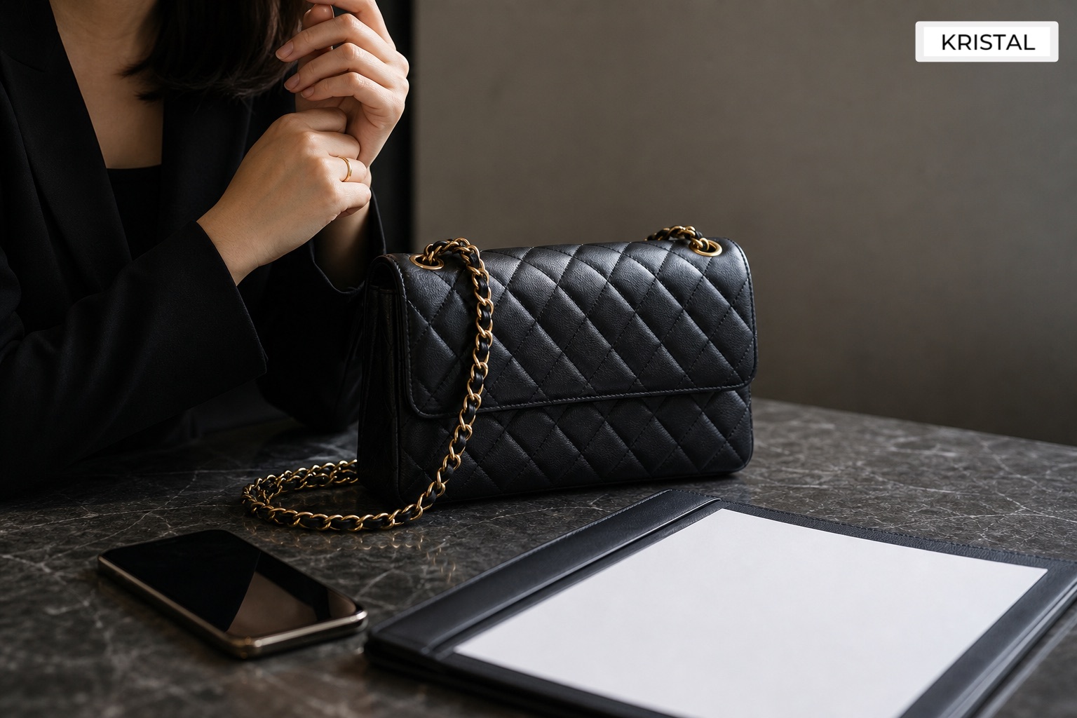 Photorealistic black quilted luxury handbag with a phone and blank documents for a Malaysia Chanel selling guide
