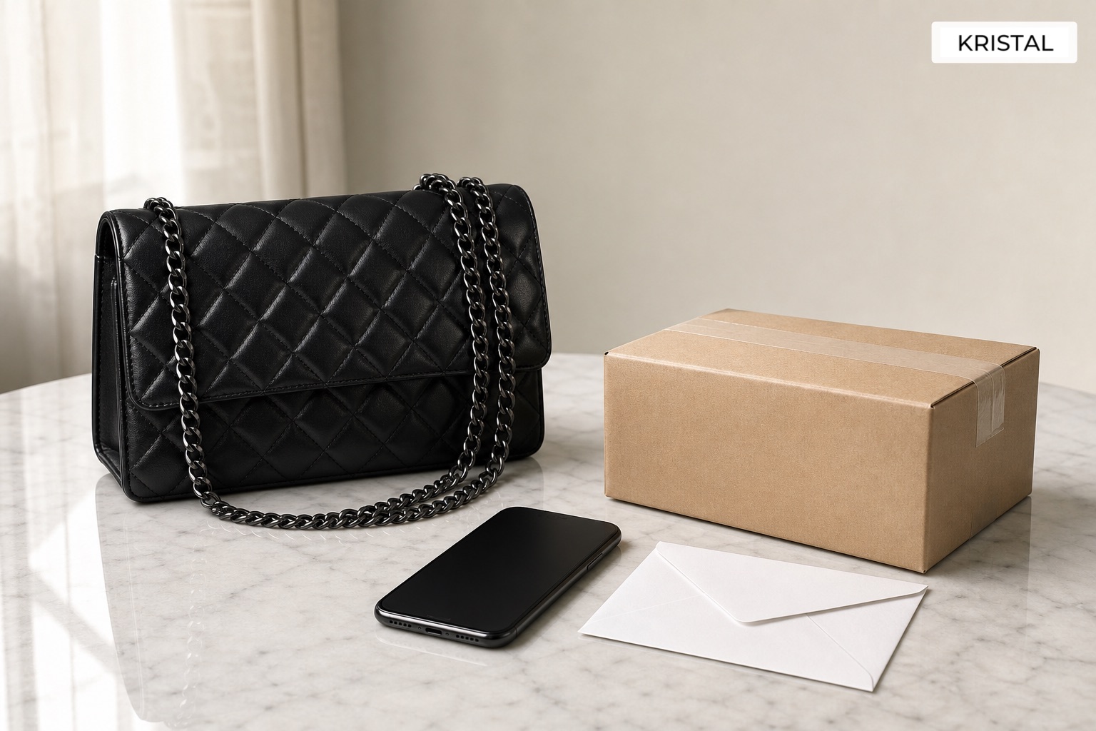 Photorealistic plain black quilted luxury handbag with a parcel, phone and blank envelope suggesting buyback or consignment
