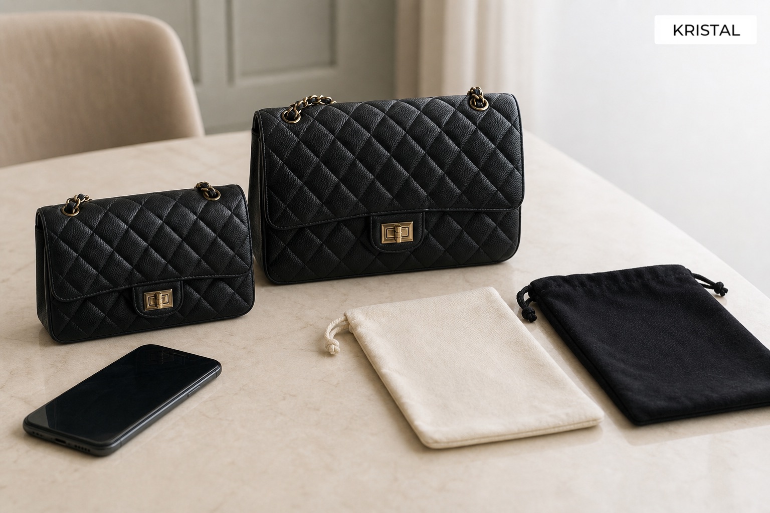 Two photorealistic plain black quilted handbags with different sizes and blank dust bags for valuation comparison