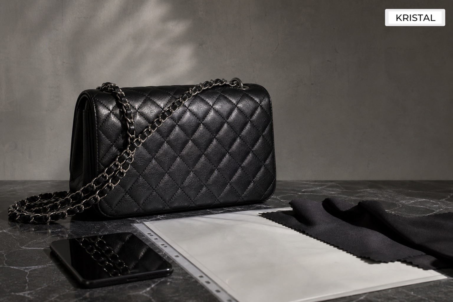 Photorealistic plain black quilted luxury handbag with blank appraisal documents for a Malaysia Chanel valuation guide