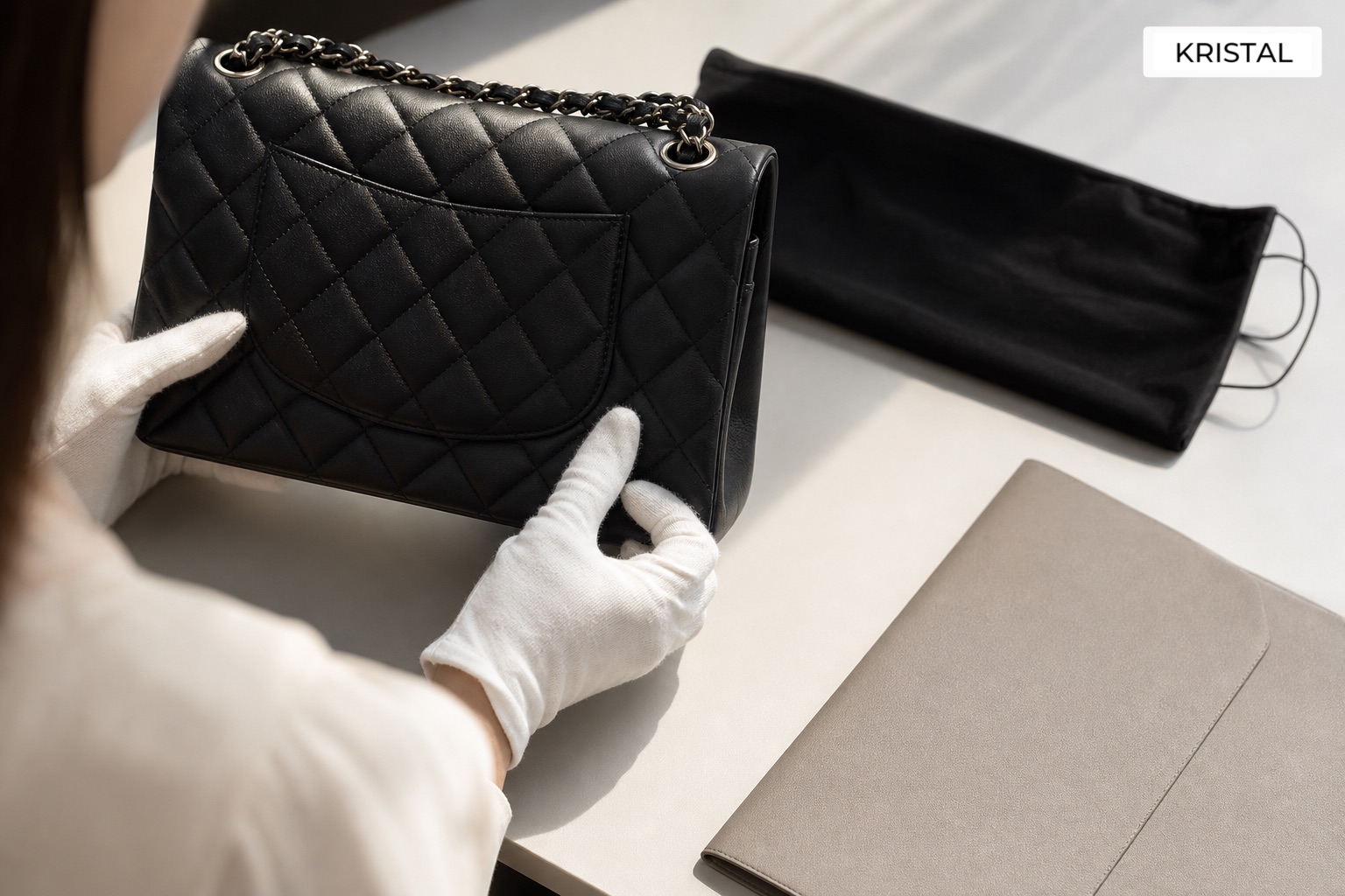 Photorealistic inspection of a plain black quilted luxury handbag with gloves and a blank file sleeve
