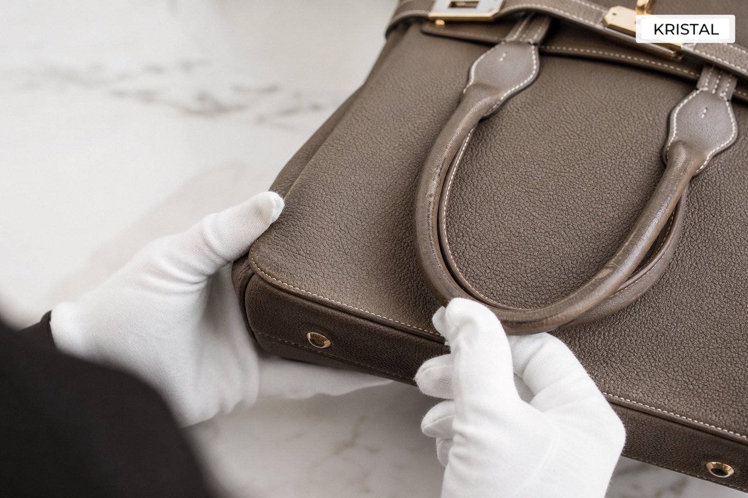 Close inspection of luxury handbag corners, handle wear and stitching in natural light