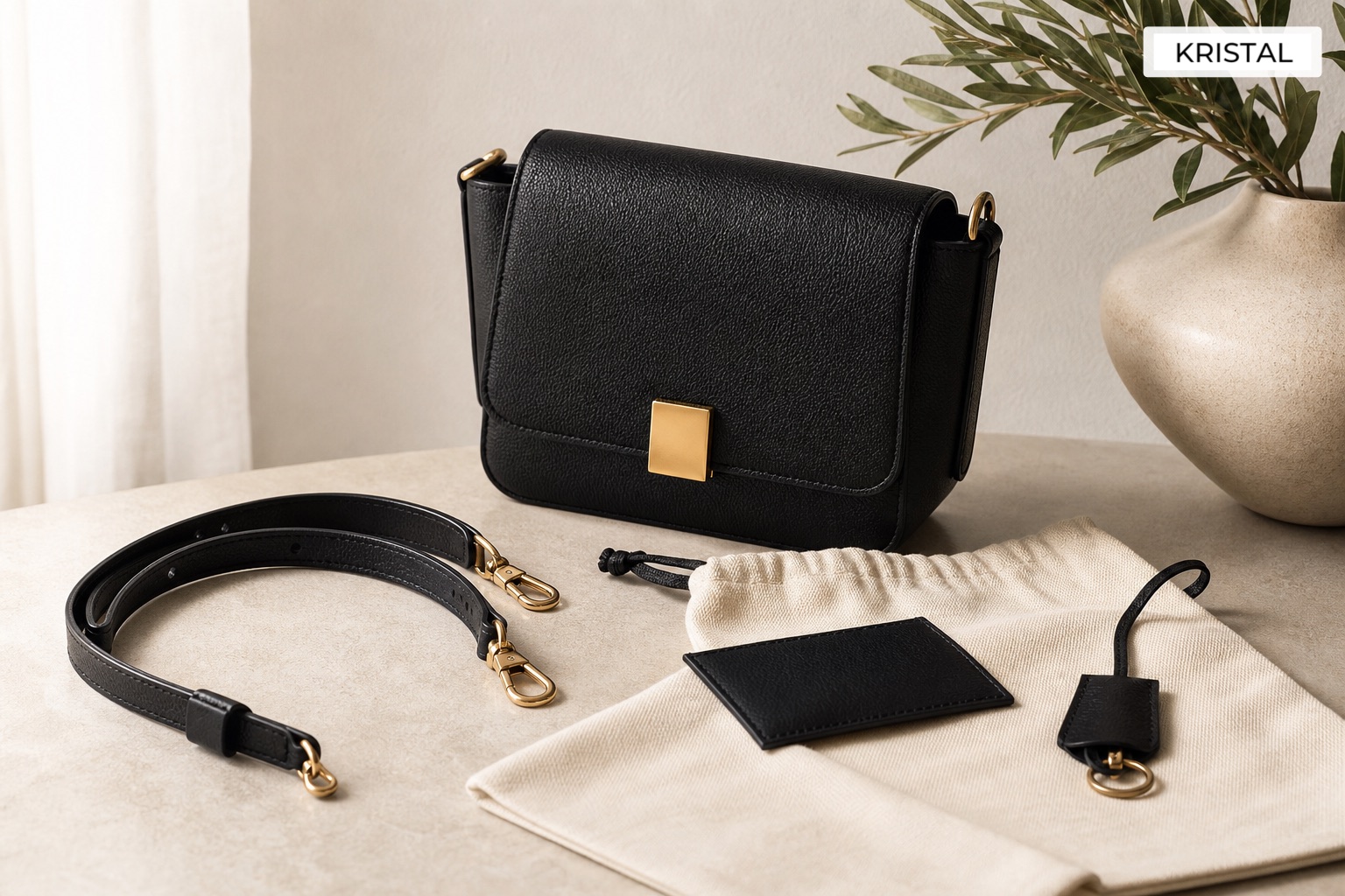 Luxury handbag, strap, hardware, dust bag and accessories arranged for a condition check