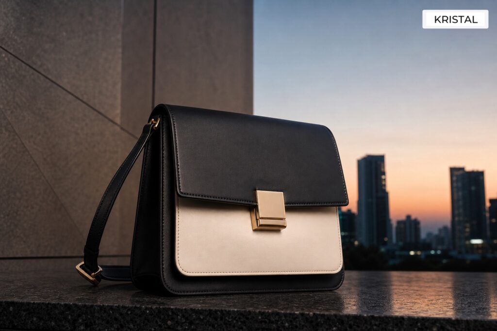 Black and ivory structured flap handbag with muted gold hardware in controlled evening light