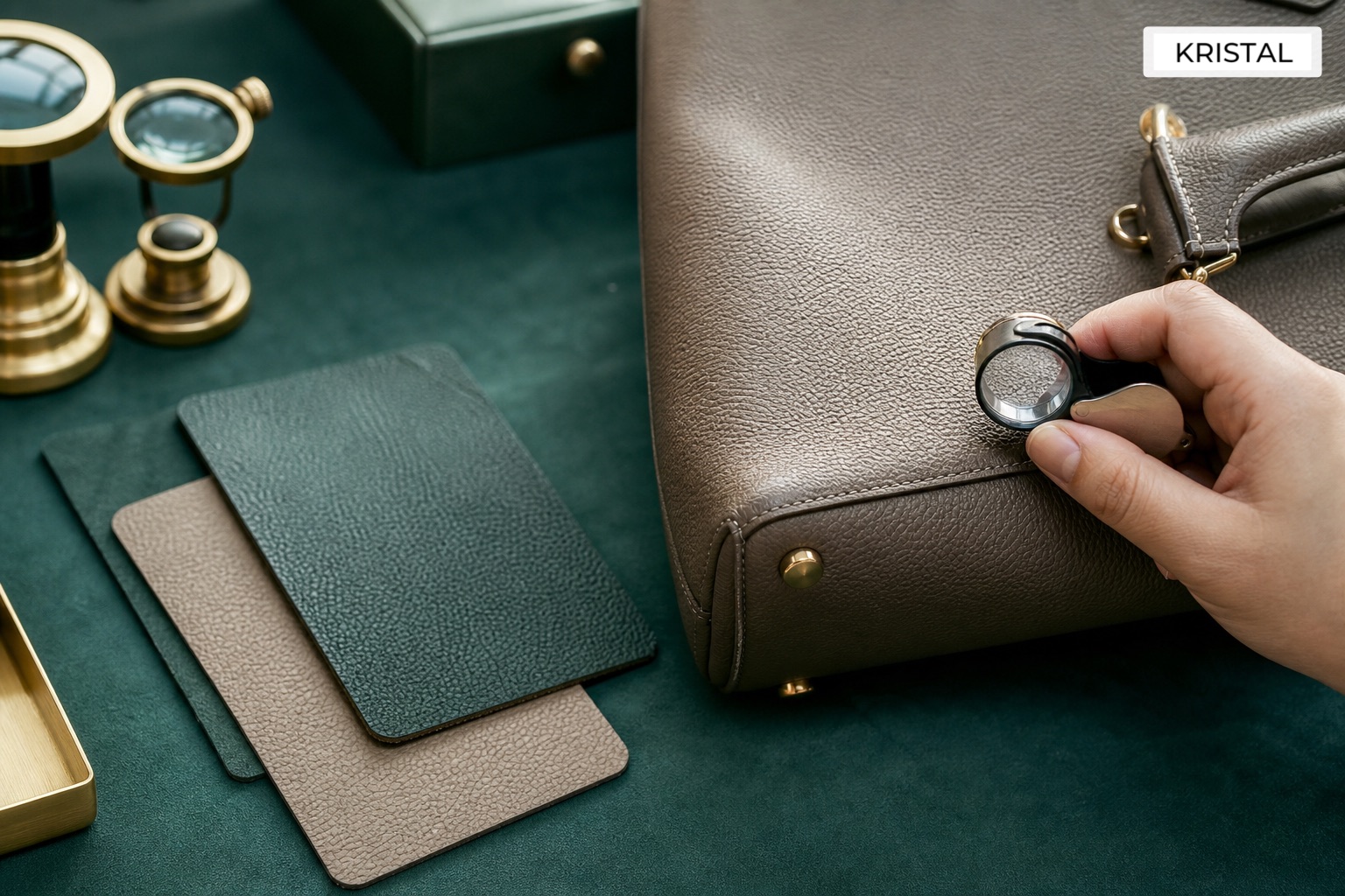 Hand holding a jewellers loupe over a premium handbag beside leather material swatches