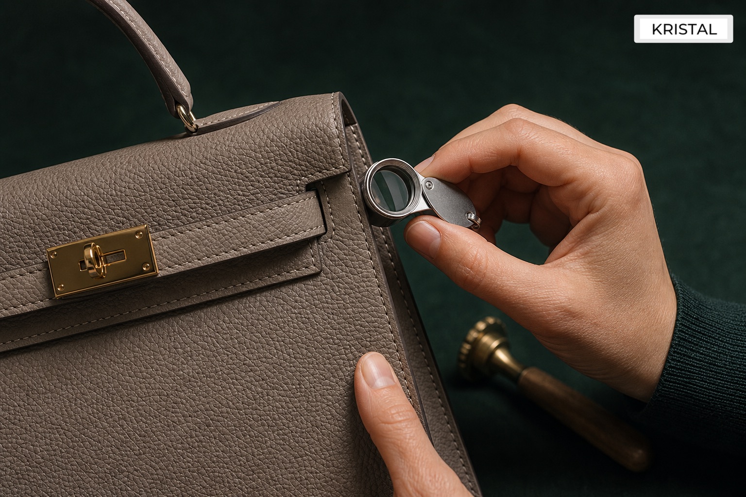 Loupe inspection of leather grain and edge finish on a premium handbag