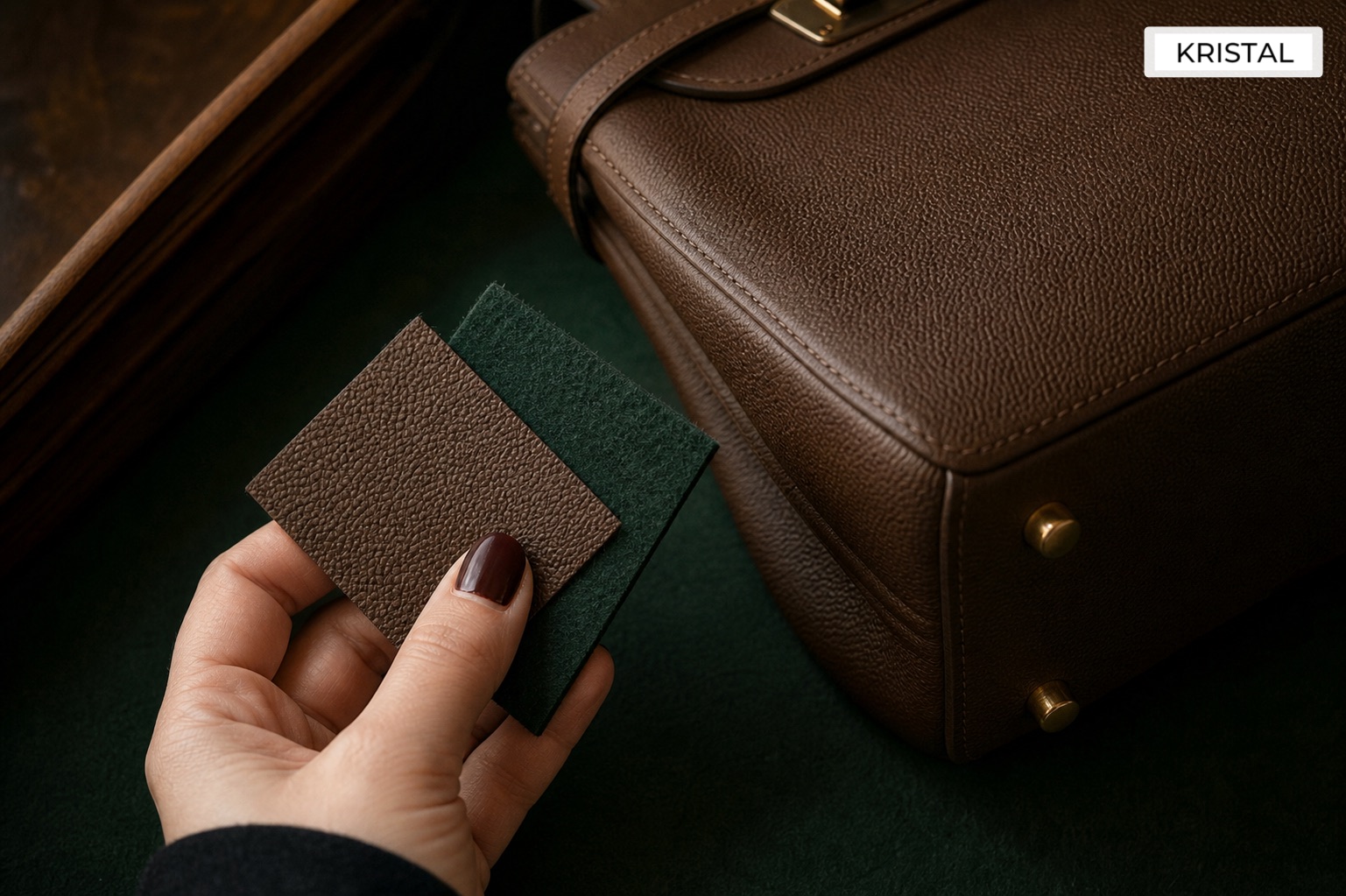 Hand comparing leather material swatches beside a premium handbag corner