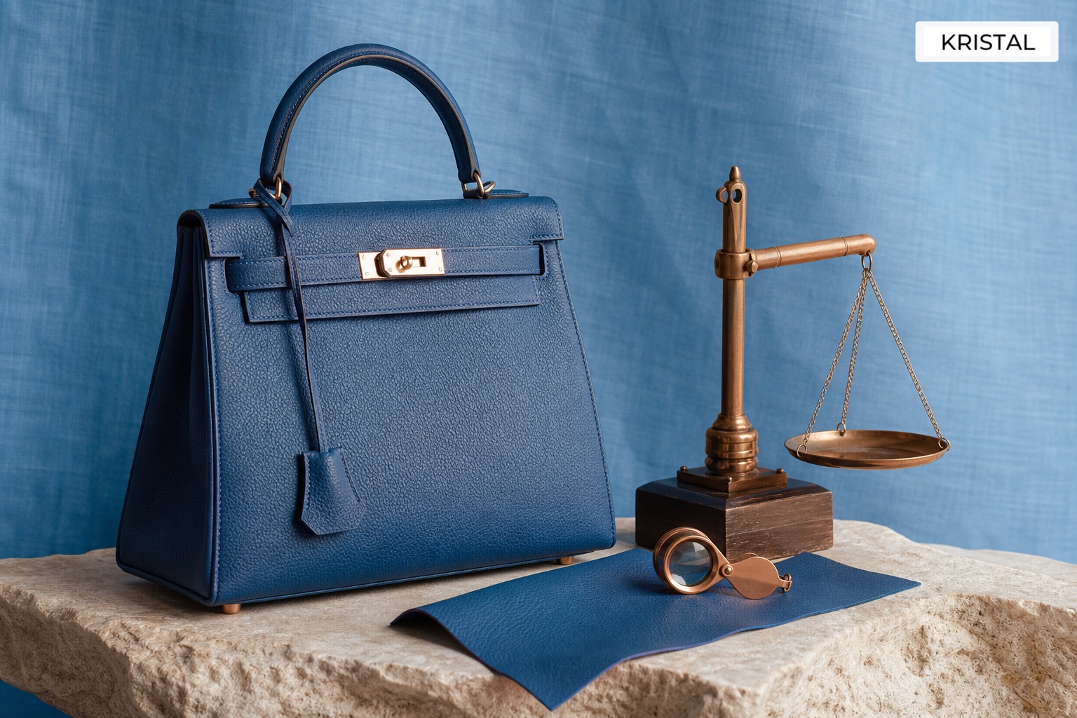 Luxury handbag beside a physical brass scale and leather swatch