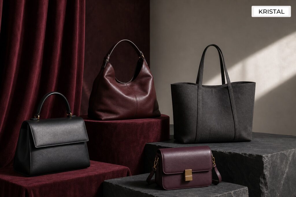 Four distinct luxury handbag silhouettes arranged on wine velvet and slate plinths