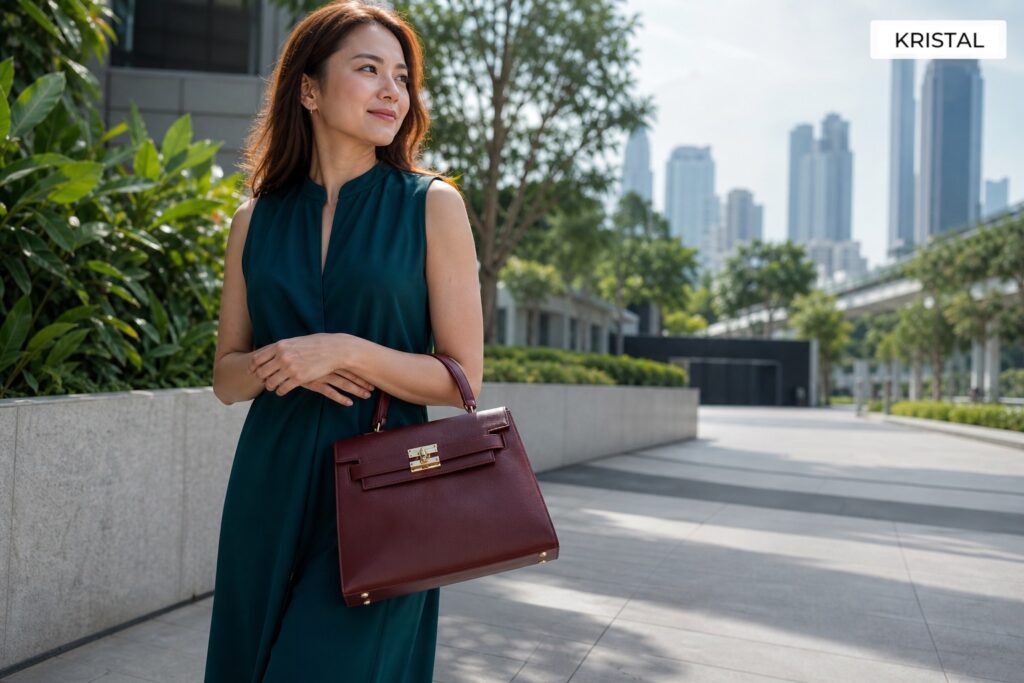 Person holding a luxury handbag in a daylight urban Klang Valley setting