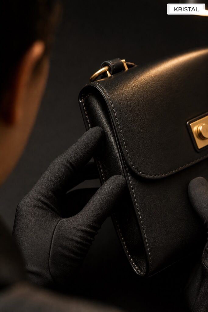 Gloved hand inspecting luxury handbag stitching edge paint and hardware