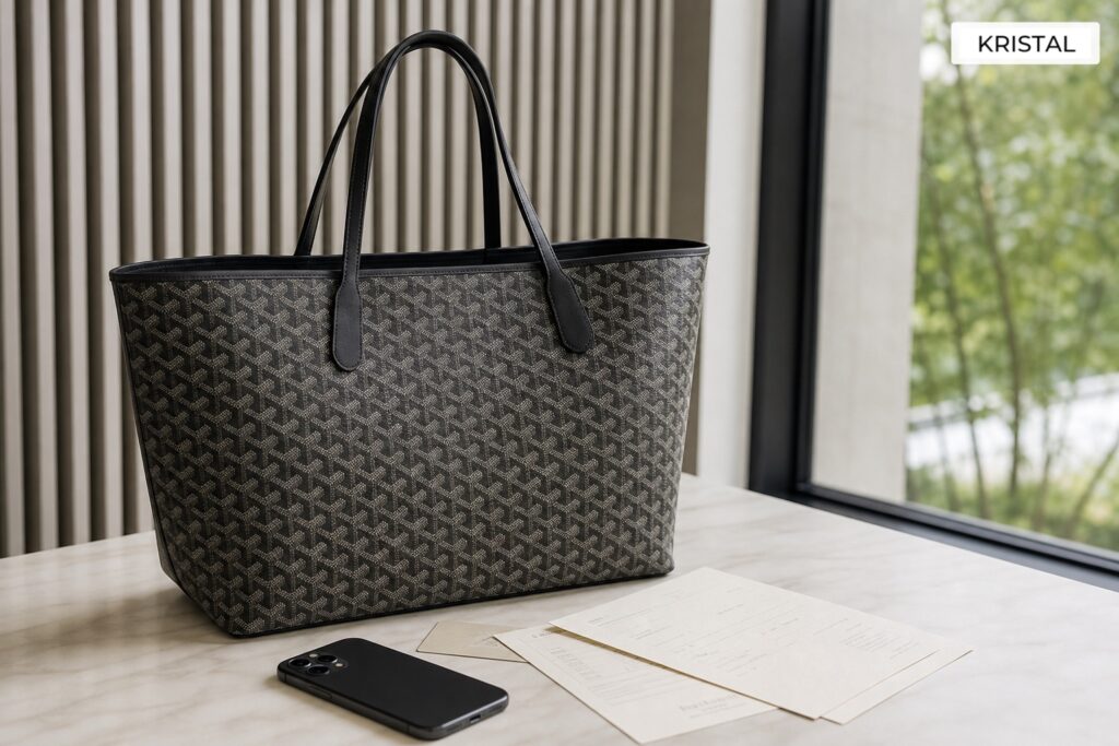 Photorealistic structured luxury tote with subtle geometric canvas texture and seller documents on a refined tabletop