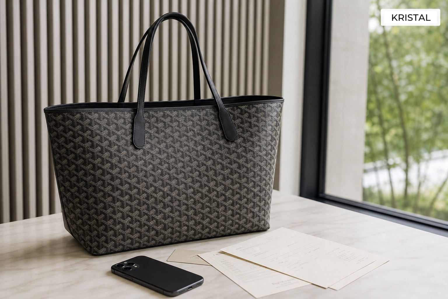 Photorealistic structured luxury tote with subtle geometric canvas texture and seller documents on a refined tabletop
