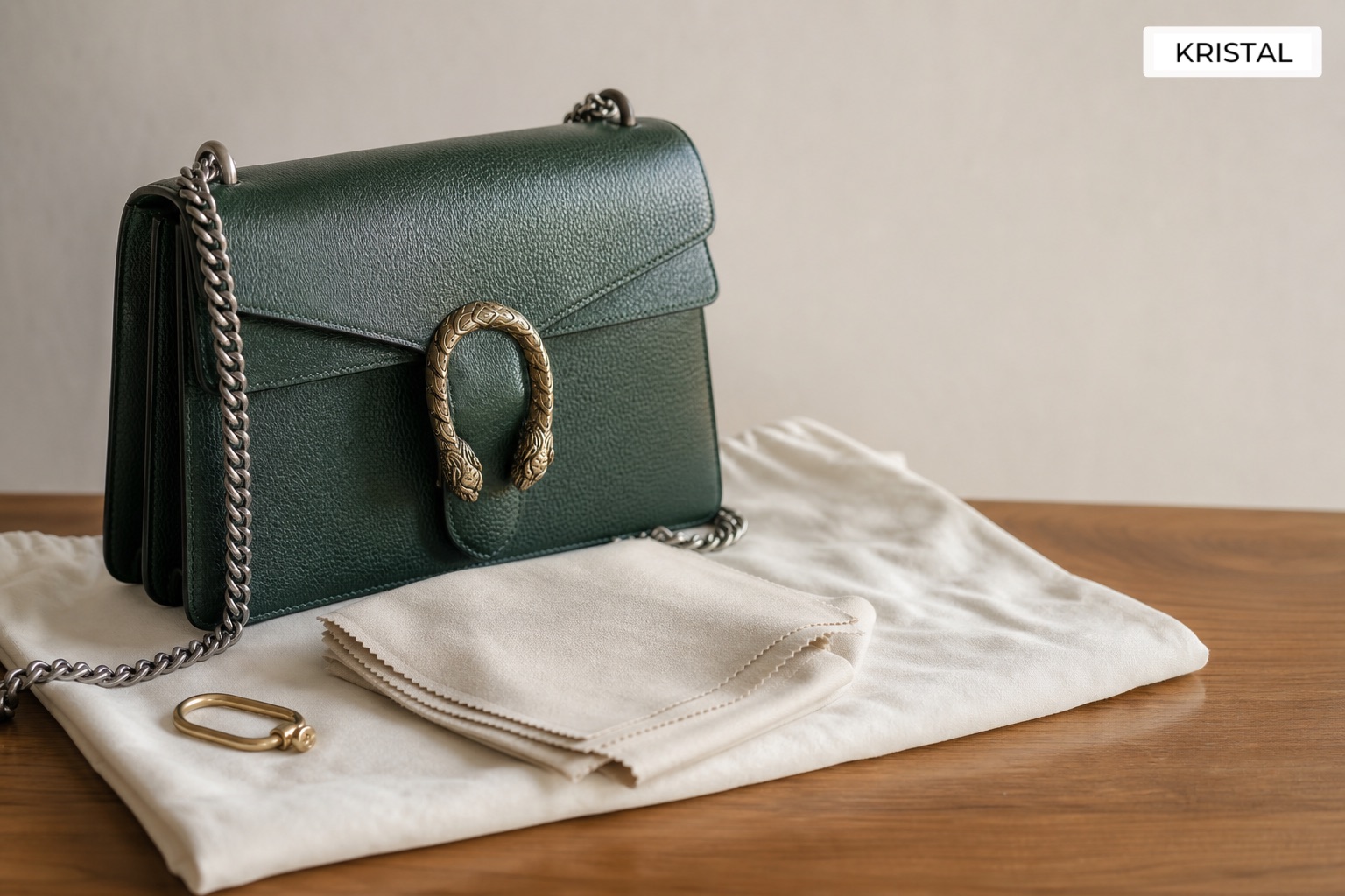 Photorealistic deep-green luxury handbag with a dust bag and accessories arranged for condition review