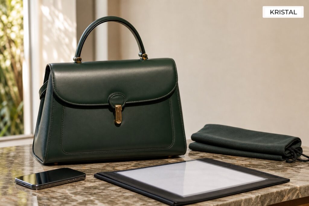 Photorealistic deep-green luxury handbag with a phone and blank documents for a Malaysia Gucci selling guide