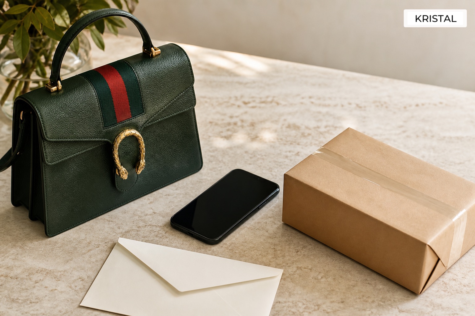 Photorealistic deep-green luxury handbag with a parcel, phone and blank envelope suggesting buyback or consignment