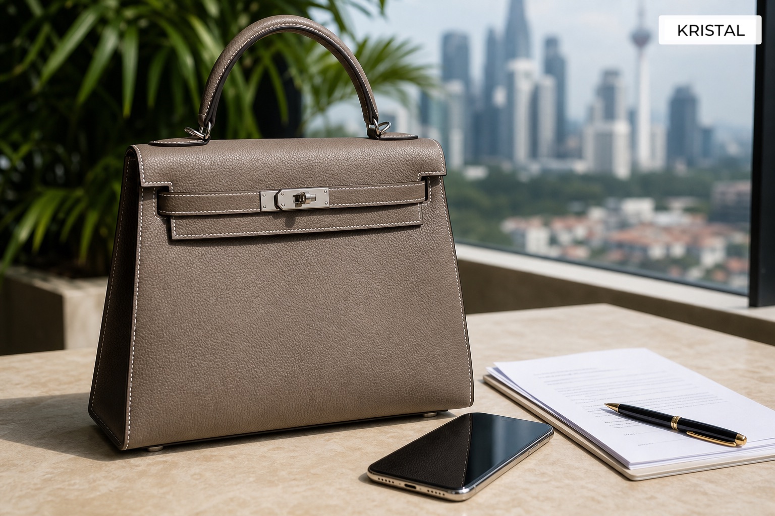 Photorealistic structured top-handle luxury bag with phone and seller documents on a warm stone tabletop