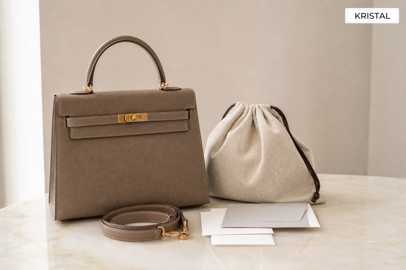 Structured top-handle luxury bag, dust bag, strap and neutral documents prepared for resale