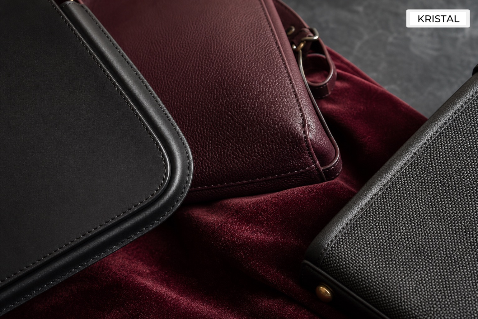 Close-up study of different luxury handbag materials and stitching
