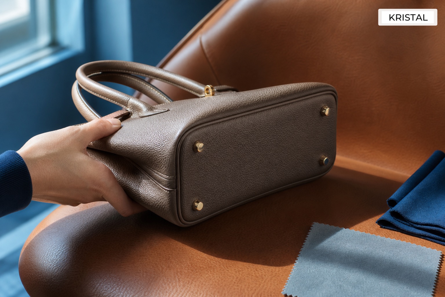 Hand checking the base corners and feet of a luxury handbag