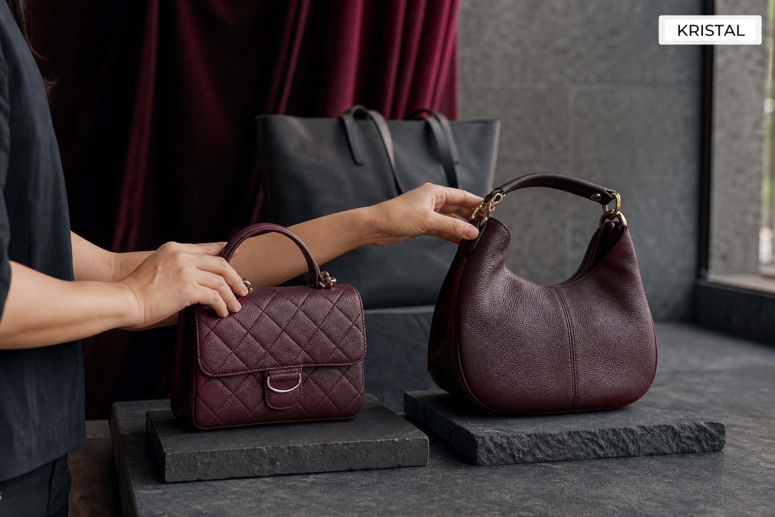 Hand comparing the structure and handle construction of two handbags