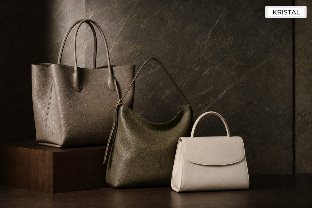 Editorial featured image for selling Loro Piana bags in Malaysia: taupe tote, olive shoulder bag, and ivory top-handle bag on a dark walnut plinth